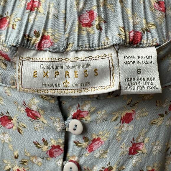 Vintage 90s Express Floral Midi Skirt Blue Rose Print Button Front Cottagecore S - Picture 8 of 11